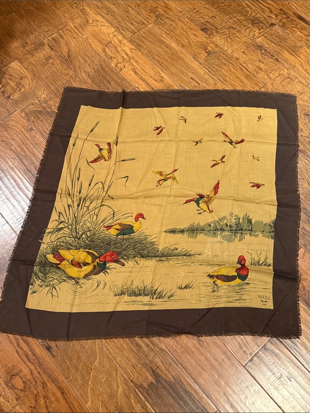 WEILL Paris Duck Print Silk Scarf in Mustard & Brown